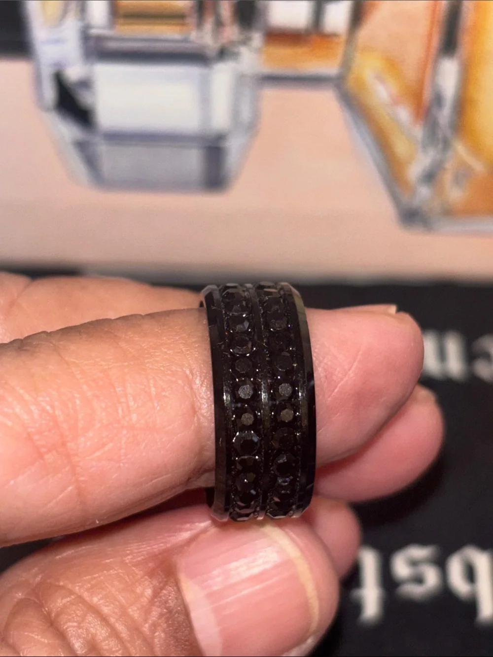 Men's Black Decorative Band Ring with Subtle Textured Pattern Size 5.5